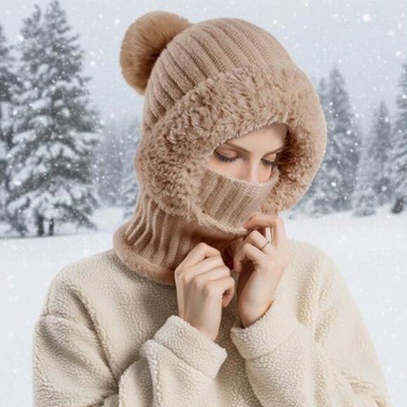 Fleece Lined Knit Balaclava Scarf Mask Set Winter Ski Hat Chunky Retro main image 6